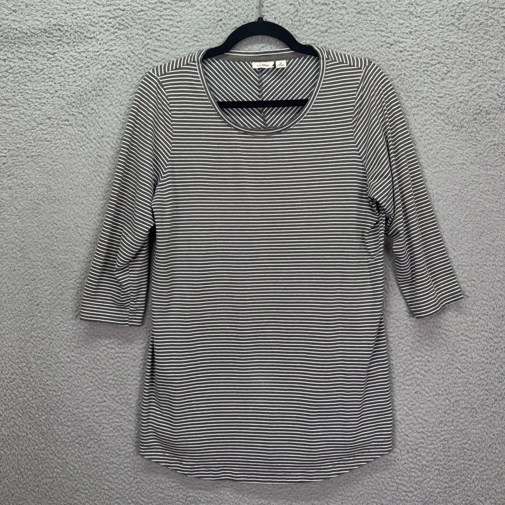 LL Bean Top Womens M Gray White Striped 3/4 Sleeve Scoop Neck Everyday Basic